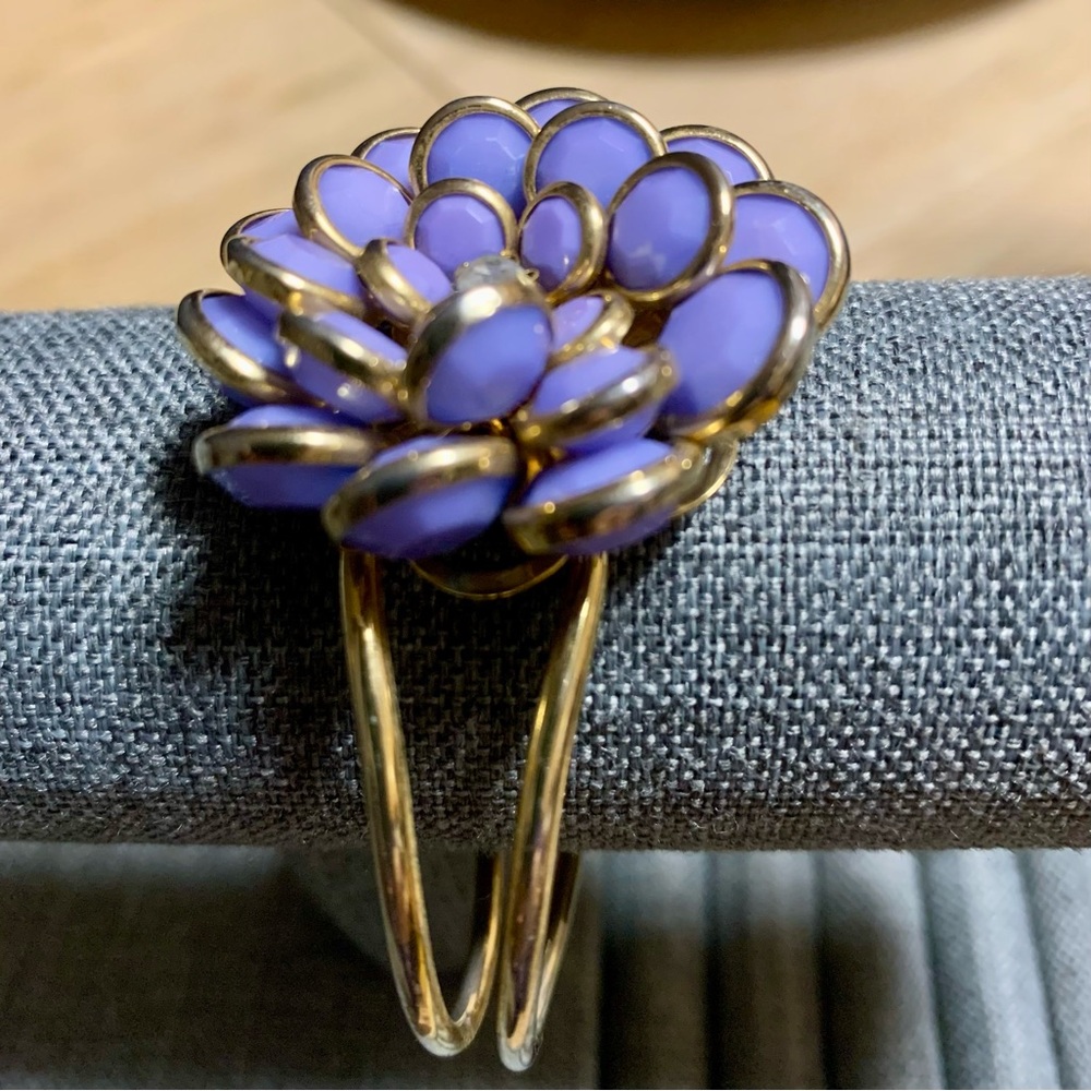 Lavender Enamel Flower Cuff Bracelet – Gold Tone Vintage Style - Picture 3 of 4
